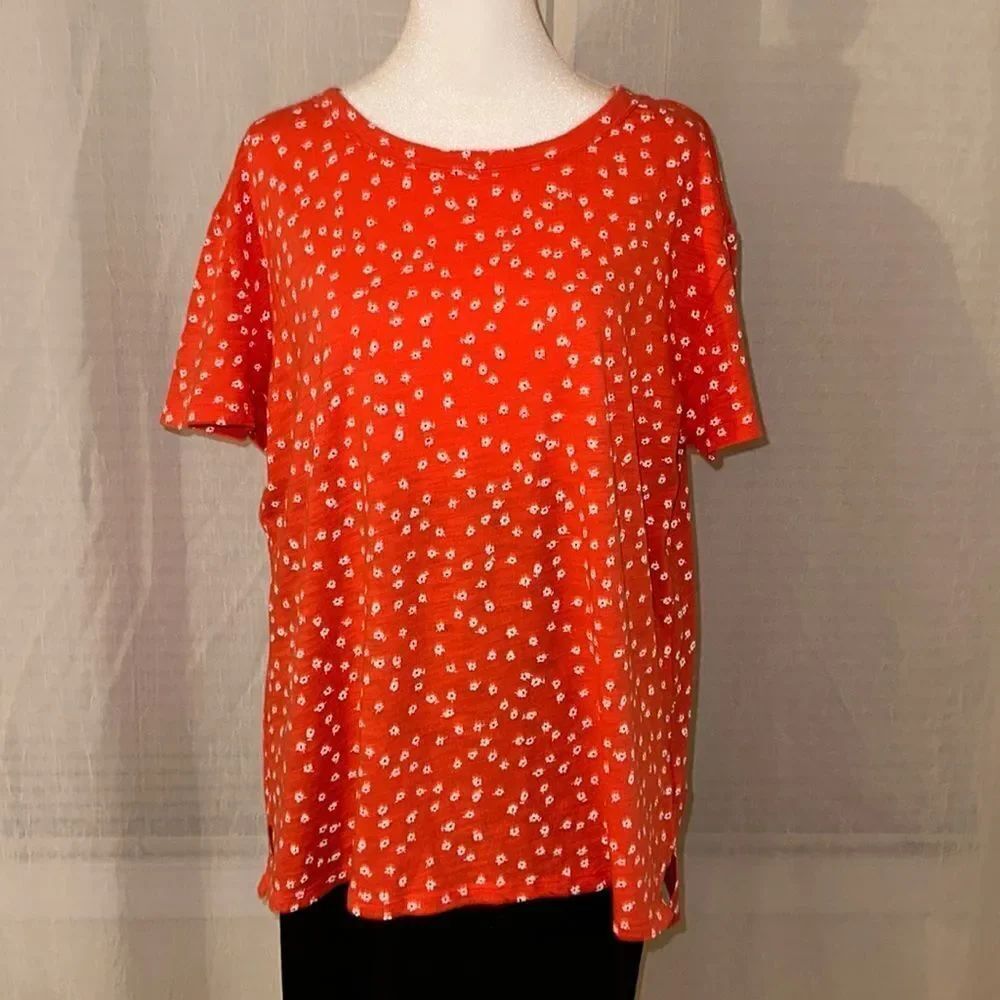 GAP L Ditsy Floral Vibrant Orange White Navy 💯 Cotton Short Sleeve Crewneck Tee